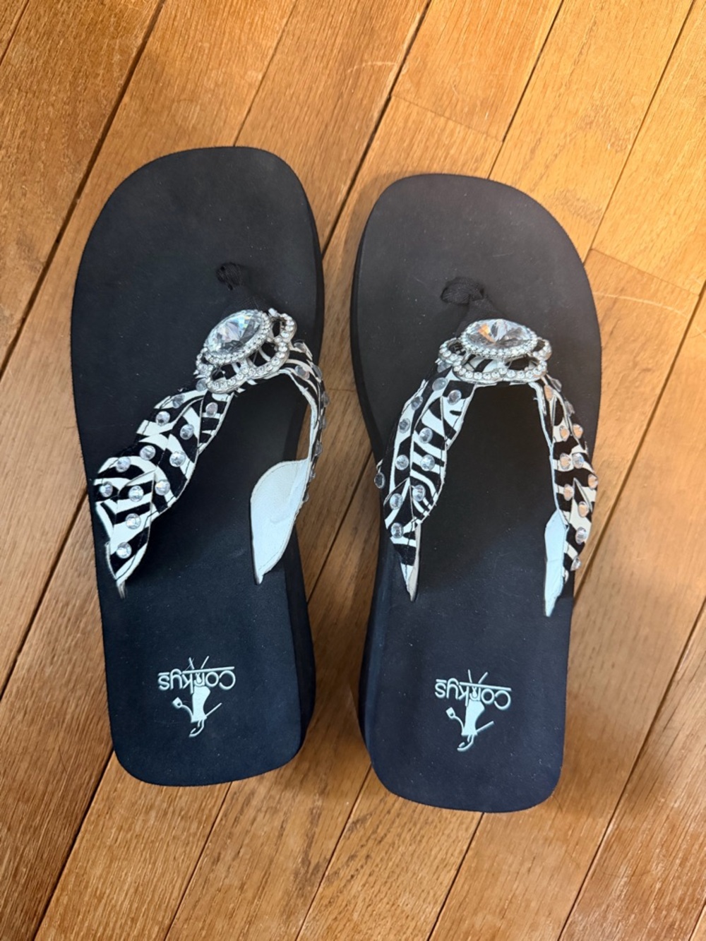 Corkys Black Jeweled Thong Sandals with Crystal Accent
